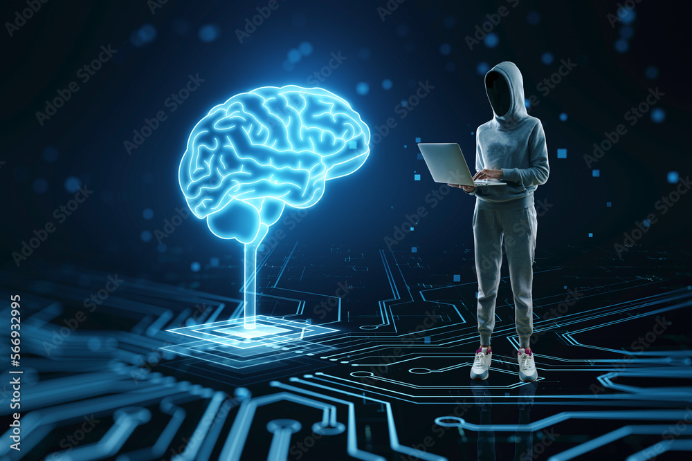 Poster Hacker using laptop with hologram. Futuristic design of artificial Intelligence brain with circuit board. Learning process and problem solving concept. Abstract digital technology background.