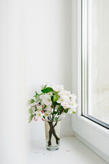 Spring flowers in a vase on the windowsill