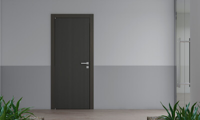 Door with steel door. Door handle on wood oak door panel. 3d  rendering