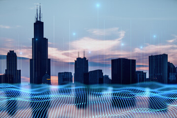 Big data transmission technology and internet of things concept with blue digital wavy wires and antennas on night city skyscraper tops background, double exposure