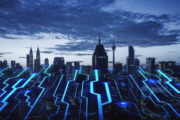 Smart city and highspeed internet technology concept with digital circuit lines covering night city...
