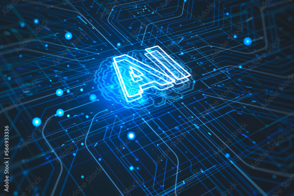 Leinwandbilder Futuristic design of artificial Intelligence ai brain with circuit board. Learning process and problem solving concept. Abstract digital technology grid background. 3D Rendering.