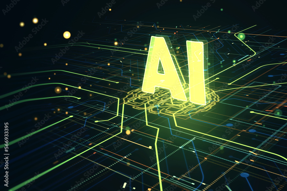 Poster Creative design of artificial Intelligence ai brain with circuit board. Learning process and problem solving concept. Abstract digital technology grid background. 3D Rendering.