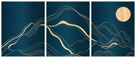 A minimalistic cards with mountains and an art deco style. Smooth gold lines on a dark blue background.