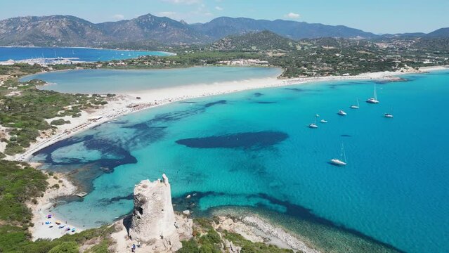 Porto Giunco Beach Tower and Viewpoint in Villasimius, Sardinia, Italy - Aerial 4k