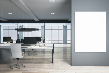 Luxury coworking office interior with blank white mock up banner on wall, wooden and concrete details, window with city view and daylight. 3D Rendering.