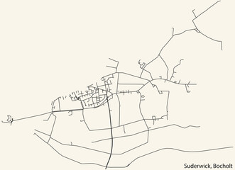 Detailed navigation black lines urban street roads map of the SUDERWICK DISTRICT of the German town of BOCHOLT, Germany on vintage beige background