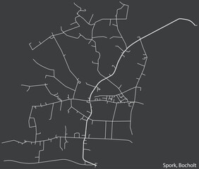 Detailed negative navigation white lines urban street roads map of the SPORK DISTRICT of the German town of BOCHOLT, Germany on dark gray background