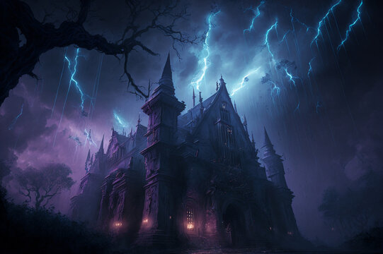 Old scary hounted house illuminated by lightnings. Created with Generative AI technology.
