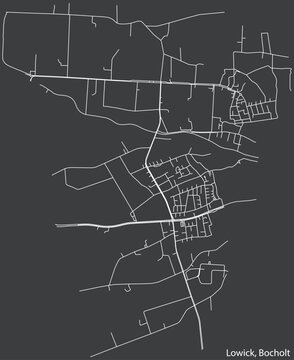 Detailed negative navigation white lines urban street roads map of the LOWICK DISTRICT of the German town of BOCHOLT, Germany on dark gray background
