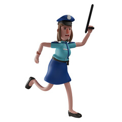 3D illustration. 3D character illustration of a female police officer posing running while holding a baton. showing an angry facial expression. with one leg backwards. 3D Cartoon Character