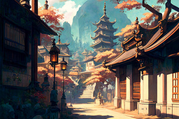 Fototapeta premium 美麗で幻想的な日本や和風系の背景のイラスト(AI generated image)