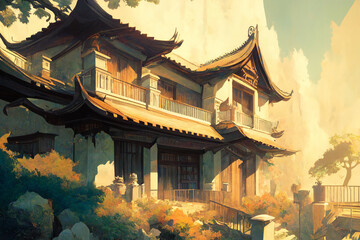 美麗で幻想的な日本や和風系の背景のイラスト(AI generated image)