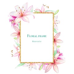 Floral frame with lilies on white background, floral watercolor background