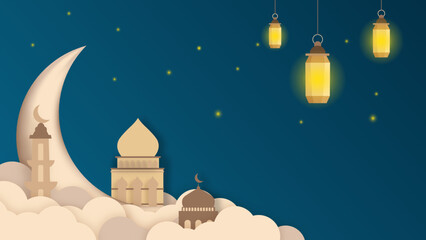 Mosques Dome with Crescent Moon and star on blue sky in the evening background, symbol islamic religion Ramadan and free space for text arabic, Eid al-Adha, Eid al-fitr, Mubarak