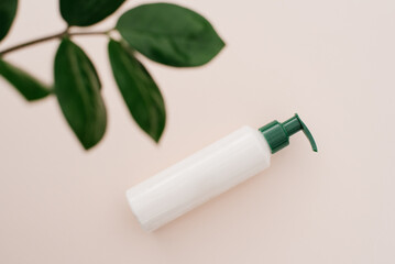 Concept of natural cosmetics. Organic cosmetics in bottle. Top view, lay flat. Mockup of the corporate identity of the cosmetic SPA