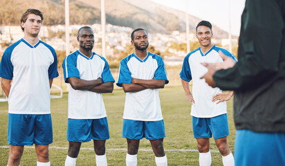 Team, football player and coaching on field for sports training, games strategy and competition...