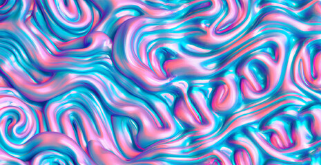 Texture di sfondo delle onde di plastica fusa smerigliata rosa e blu olografica degli anni '80 senza cuciture. Webpunk al neon astratto iridescente alla moda creato con intelligenza artificiale - obrazy, fototapety, plakaty