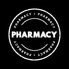 Fototapeta premium Pharmacy - clinical health science that links medical science with chemistry, text concept stamp