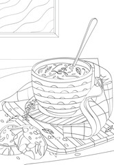 A bowl of soup and two slices of bread. Vector anti stress coloring book.