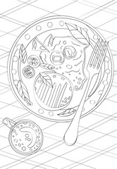 A plate of food and a cup. Vector antistress coloring book.