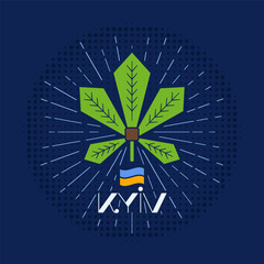 Kyiv Ukraine badge design with chestnut leaf symbol of Kyiv and flag. Retro Ukrainian city label. Stock vector emblem, national sticker
