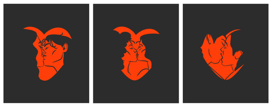 Hand drawn vector abstract graphic illustration Valentines day cards template, drawing kissing lgbt couple set in heart silhouette.Love couple kissing together.Valentines beautiful design concept.