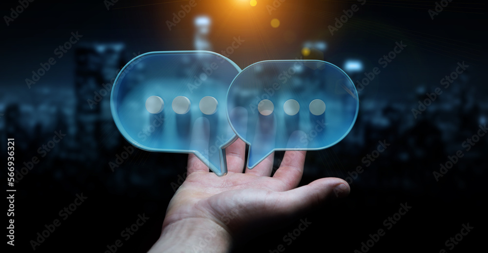 Wall mural businessman in dark using digital speech bubbles talk icons. minimal conversation or social media me