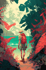 concept artwork of a traveling person, wandering through nature on an adventure