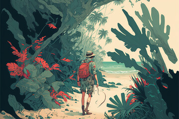 concept artwork of a traveling person, wandering through nature on an adventure