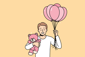 Smiling young man with air balloons and teddy bear in hands making surprise to loving girlfriend. Happy guy make present or gift to lover on birthday or anniversary. Vector illustration. 
