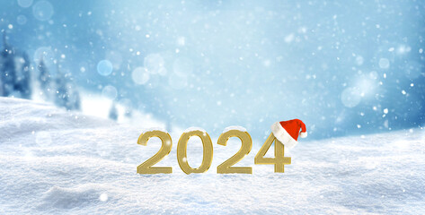 New Year background with golden numbers 2024 and Santa hat on beautiful new year snowy background