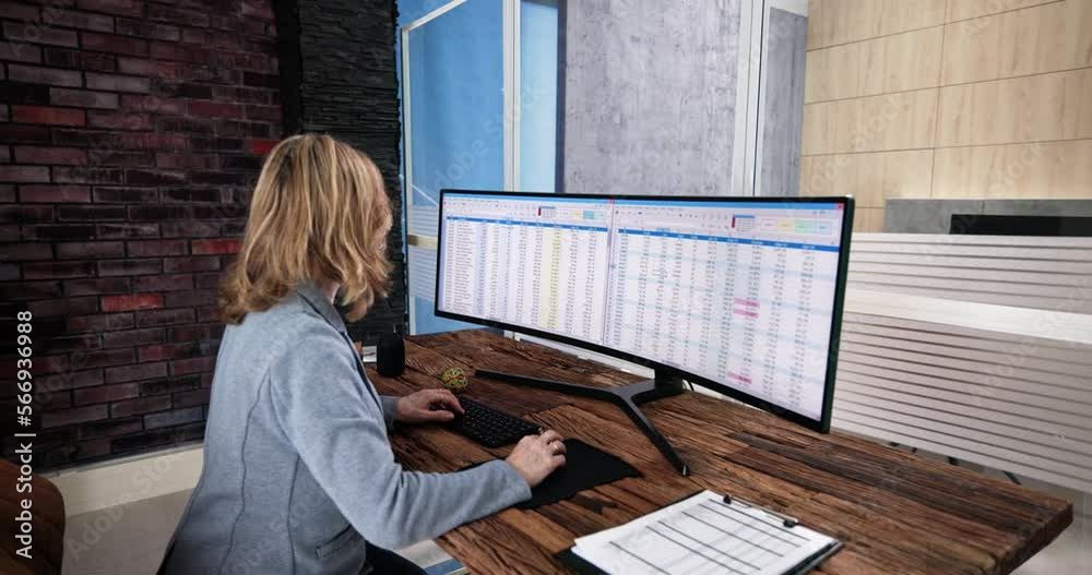 Poster data analyst woman using spreadsheet