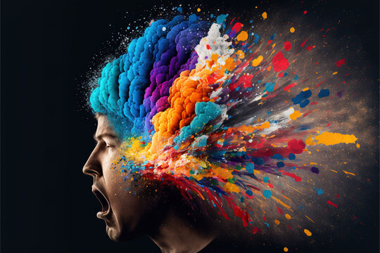 a portrait of a person's head is exploding in a colorful splash of ideas, mindfulness and creativity