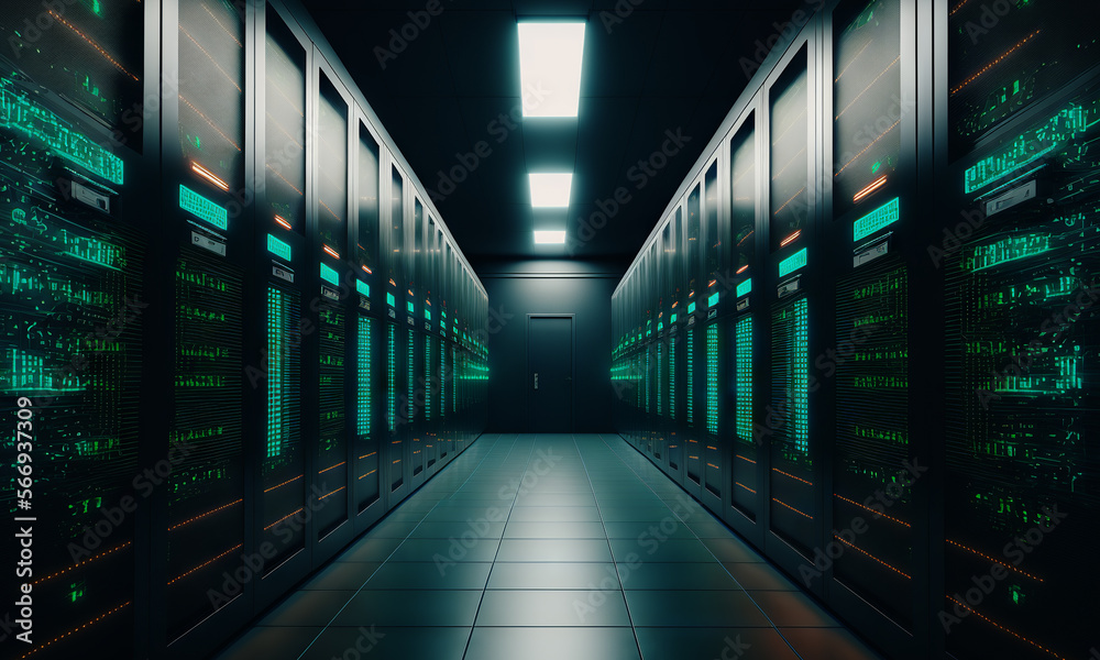 Aufkleber Dark servers data center room with computers. Storage systems corridor interior with glowing elements. Generative ai