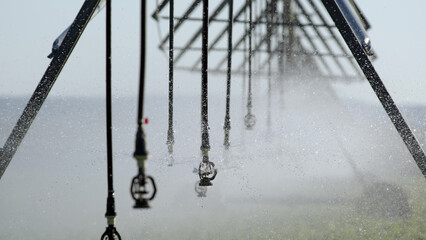 Close up view of sprinkler pivot at work, watering crop for more growth. Center pivot system irrigation. Watering crop in field at farm. Modern irrigation system for land and vegetables growing.