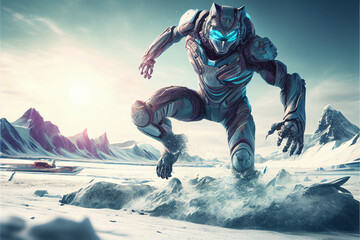 Cat human hybrid in mecha armor jumping off an ice glacier, generative ai.