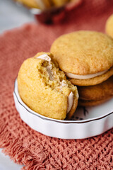 dessert cookies whoopie with cream carrot pumpkin butter cream delicious on orange background