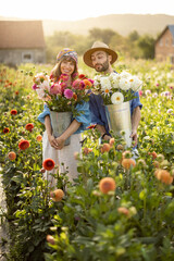 Portrait of cheerful man and woman stand as farmers with buckets full of freshly picked up dahlias while working at flower farm outdoors on sunset