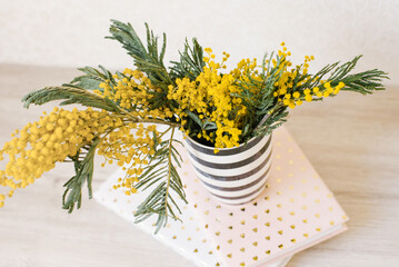 Branches of mimosa flowers stand in a black and white striped vase on notebooks on the table