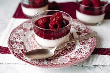 dessert with strawberries fresh mousse pannacotta berry jelly monochrome photo red and white photo...