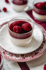 dessert with strawberries fresh mousse pannacotta berry jelly monochrome photo red and white photo sweets on english porcelain retro tableware