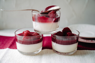 dessert with strawberries fresh mousse pannacotta berry jelly monochrome photo red and white photo sweets on english porcelain retro tableware