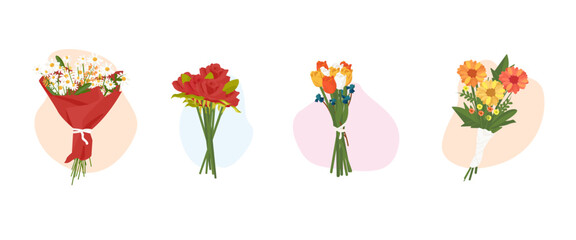 Flower bouquet, decorative leaves. Vector set of isolated garden flowers botanical decoration.