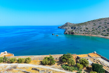 Blick von der Festung Spinalonga (Kalydon) auf die Halbinsel, Agios Nikolaos, Kreta (Griechenland)