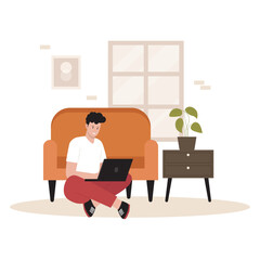 Flat design of man freelancer working from home. Illustration for website, landing page, mobile app, poster and banner. Trendy flat vector illustration