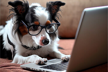 Business Dog in glasses uses a laptop. AI generated.