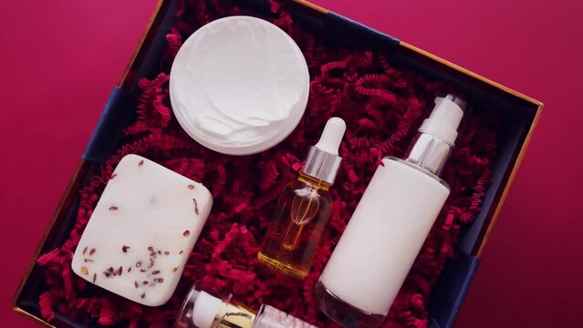 Beauty box subscription package and luxury skincare products, spa and cosmetic body care product background, wellness cosmetics as holiday gift, online shopping delivery.