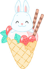 Cute bunny and a strawberry dessert. Flat cartoon illustration of a little white rabbit sitting on an waffle cone with ice cream decorated.