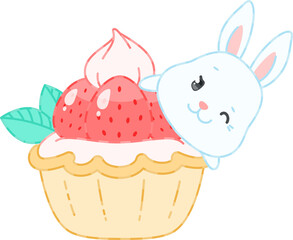 Cute bunny and a strawberry dessert. Flat cartoon illustration of a little white rabbit with a creamy cupcake.